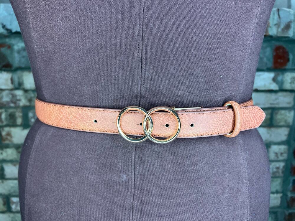 belt vegan leather tan interlocking circles buckle gold